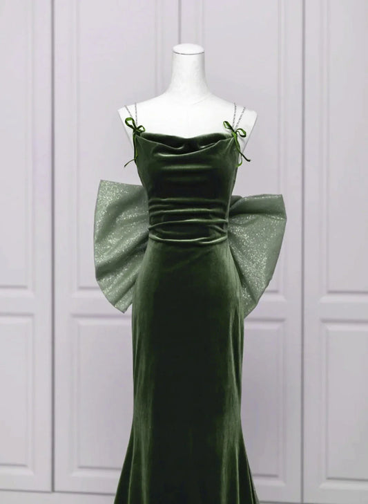 Green Velvet Straps Low Back Evening Dress, Green Velvet Prom Dress TP1002