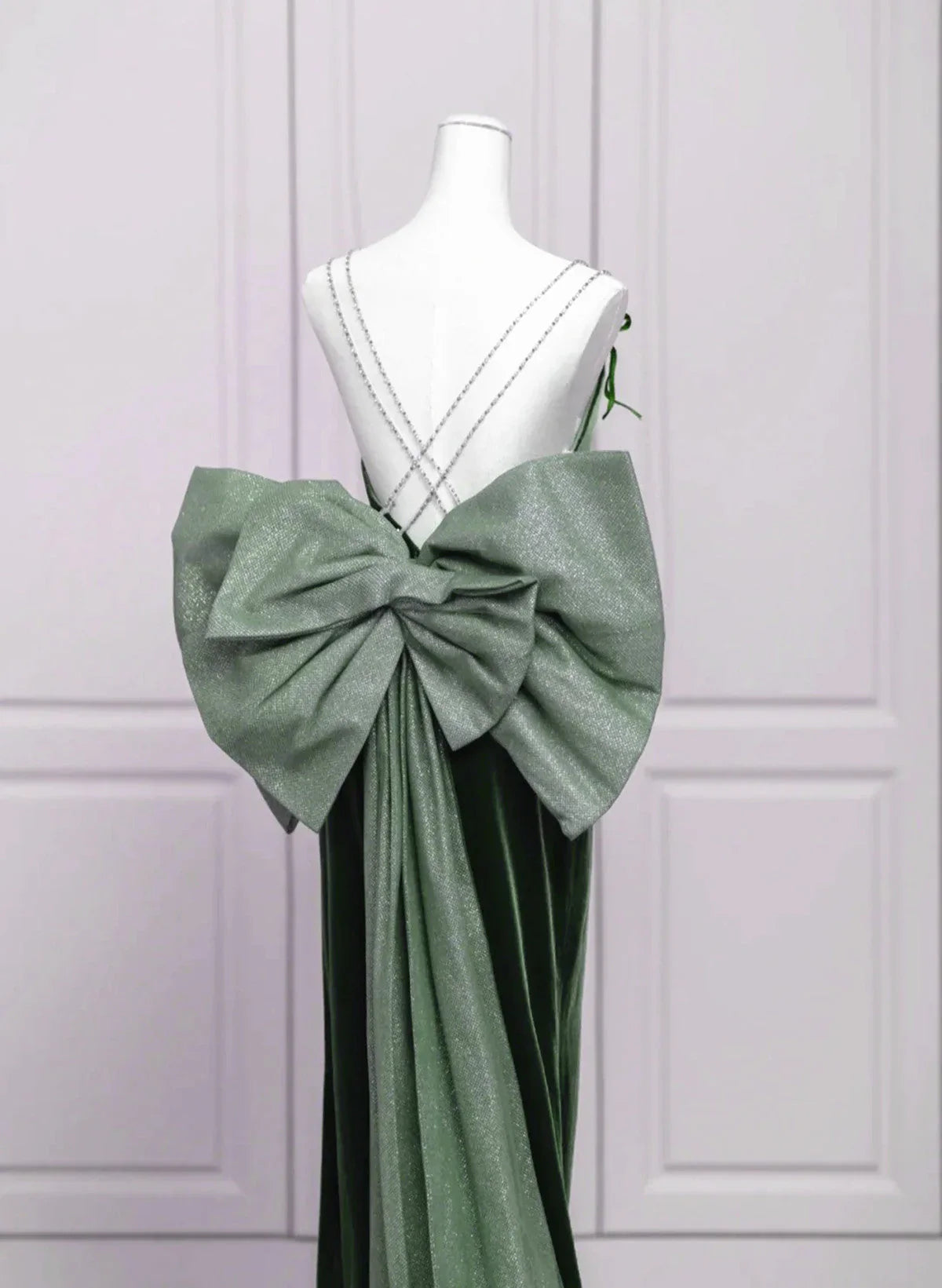 Green Velvet Straps Low Back Evening Dress, Green Velvet Prom Dress TP1002
