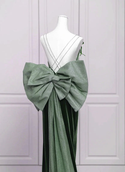 Green Velvet Straps Low Back Evening Dress, Green Velvet Prom Dress TP1002