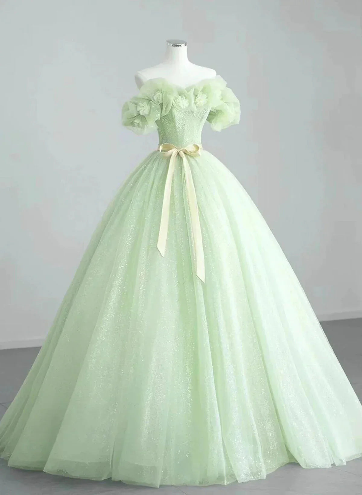 Cute Green Tulle Ball Gown Sweetheart Party Dress, Green Shiny Tulle Prom Dress TP1005