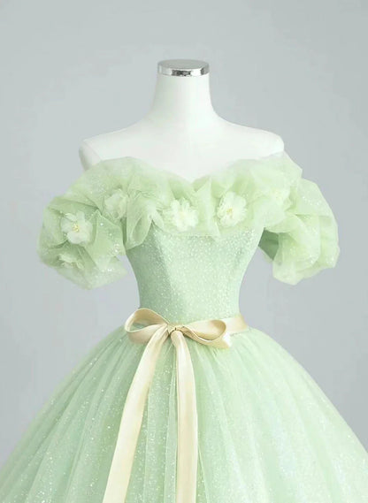 Cute Green Tulle Ball Gown Sweetheart Party Dress, Green Shiny Tulle Prom Dress TP1005