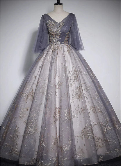 Beautiful Tulle V-neckline Long Formal Dress, Tulle Lace Applique Party Dress TP1009