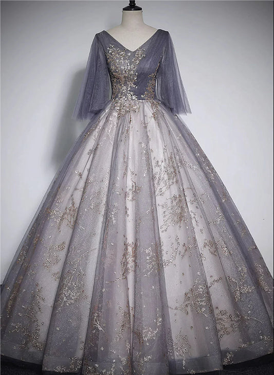 Beautiful Tulle V-neckline Long Formal Dress, Tulle Lace Applique Party Dress TP1009