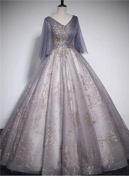 Beautiful Tulle V-neckline Long Formal Dress, Tulle Lace Applique Party Dress TP1009