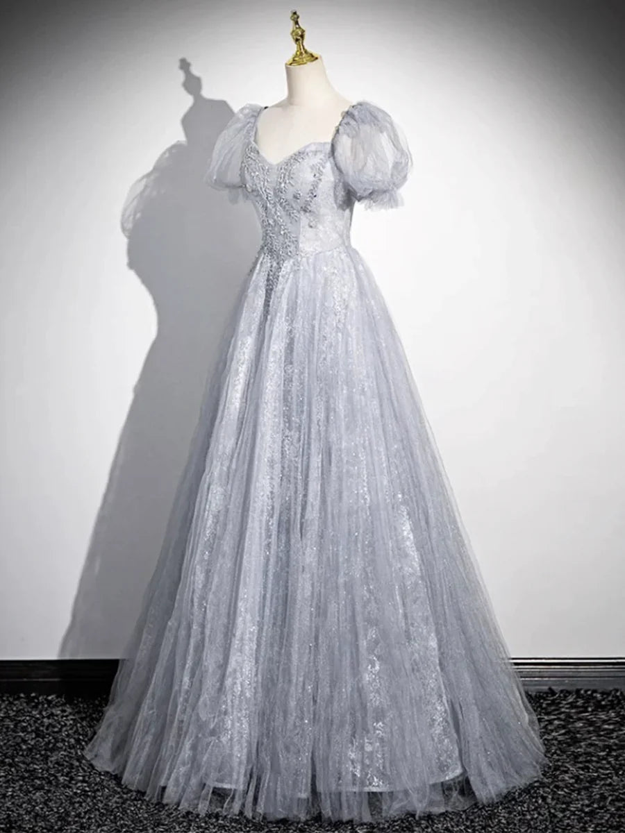 Gray Tulle Beaded Floor Length Prom Dress, A-Line Short Sleeve Evening Party Dress TP101