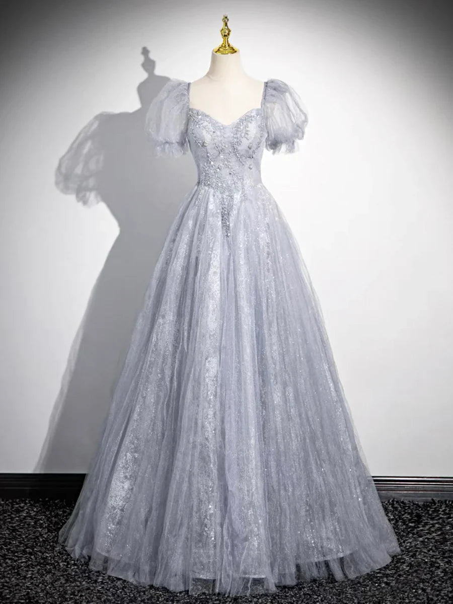 Gray Tulle Beaded Floor Length Prom Dress, A-Line Short Sleeve Evening Party Dress TP101