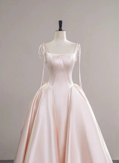 Pink Satin Straps Long Formal Dress with Bow, Pink Satin Prom Dress Party Dress TP1010
