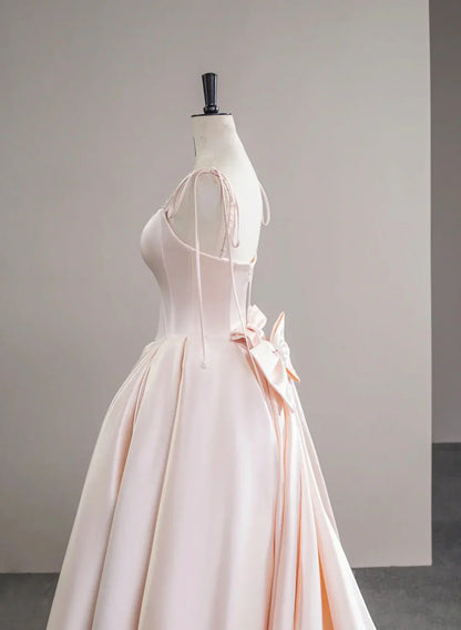 Pink Satin Straps Long Formal Dress with Bow, Pink Satin Prom Dress Party Dress TP1010