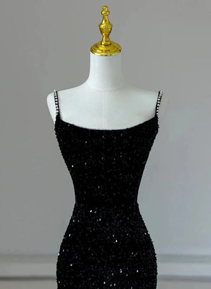 Black Mermaid Sequins Long Formal Dress, Black Straps Long Evening Dress TP1012