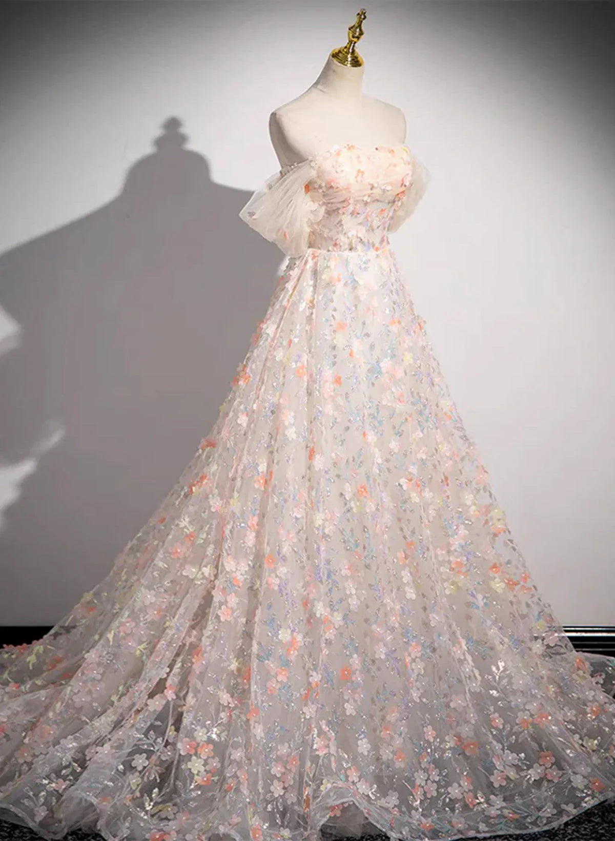 Beautiful A-line Off Shoulder Flowers Lace Formal Dress, Long Prom Dress TP1015
