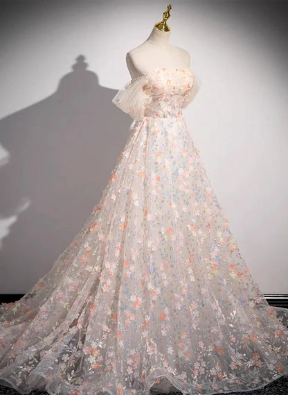 Beautiful A-line Off Shoulder Flowers Lace Formal Dress, Long Prom Dress TP1015