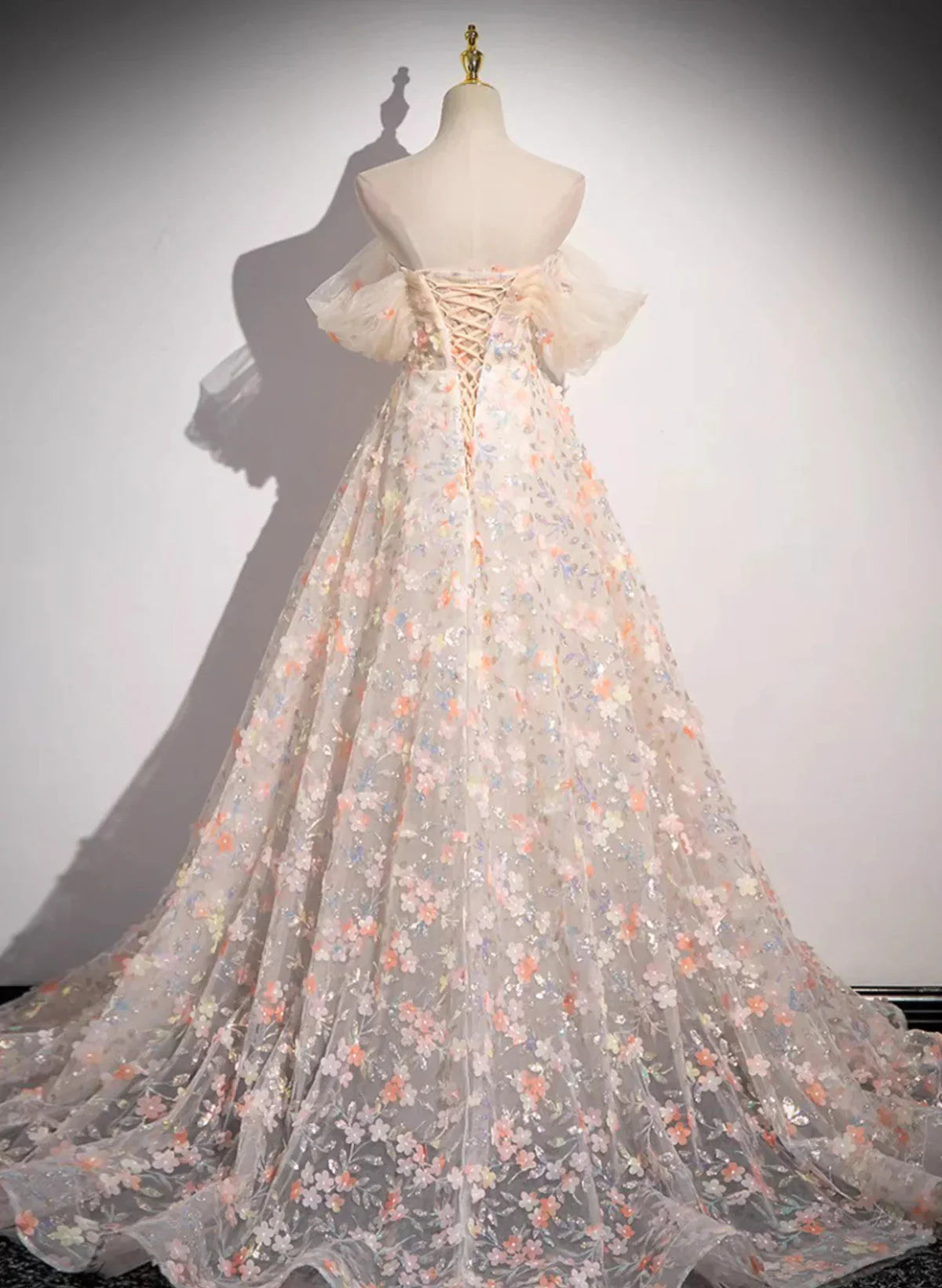 Beautiful A-line Off Shoulder Flowers Lace Formal Dress, Long Prom Dress TP1015
