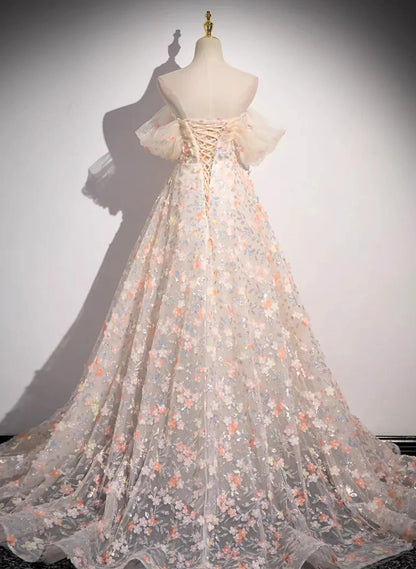 Beautiful A-line Off Shoulder Flowers Lace Formal Dress, Long Prom Dress TP1015
