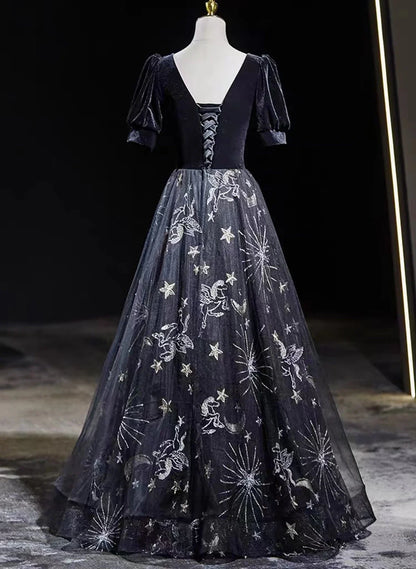 Black Tulle and Velvet A-line Long Party Dress, Black Long Prom Dress TP1018