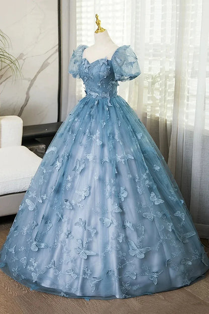 Lovely Blue Short Sleeves Long Party Dress With Butterfly Lace, Blue Prom Dress TP1024