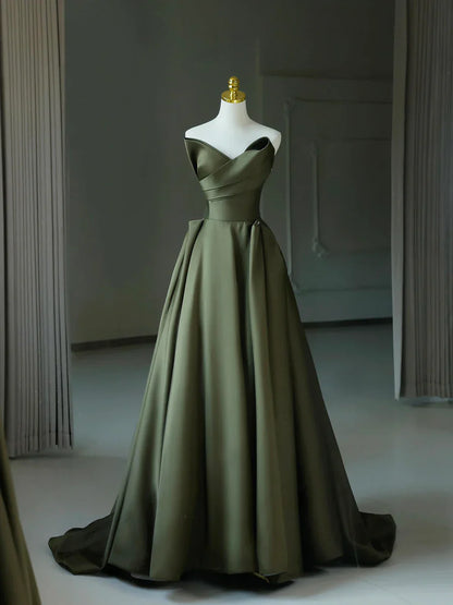 Dark Green Satin V-Neck Long Prom Dress, A-Line Strapless Evening Party Dress TP103