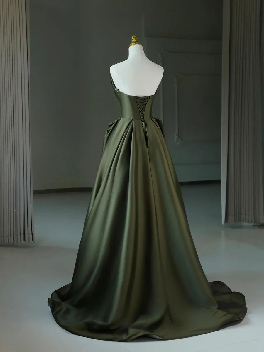 Dark Green Satin V-Neck Long Prom Dress, A-Line Strapless Evening Party Dress TP103