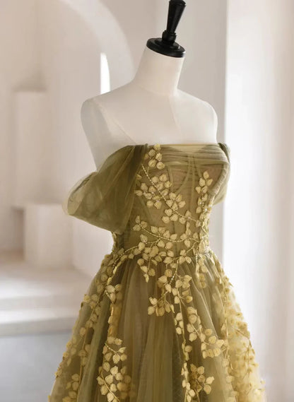 A-Line Off Shoulder Long Prom Dress, Green Tulle Formal Evening Dress TP1034