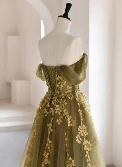 A-Line Off Shoulder Long Prom Dress, Green Tulle Formal Evening Dress TP1034