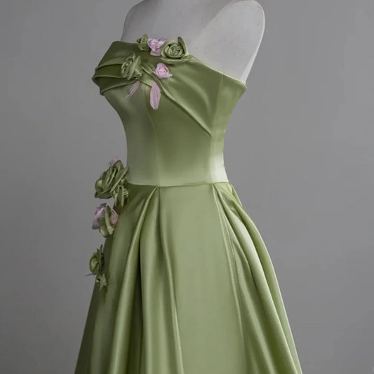 Green A-line Satin with Flowers Long Evening Dress, Green Satin Prom Dress TP1054