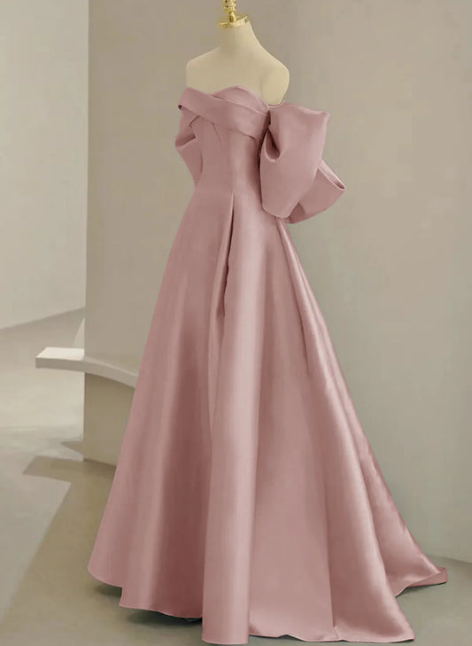Pink Off Shoulder Satin Long Simple Party Dress, Pink Satin Evening Dress TP1059