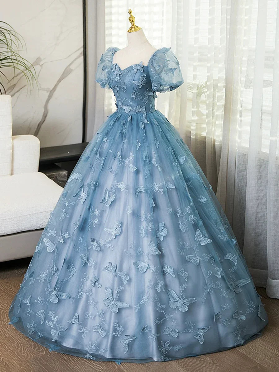 Blue Lace Butterfly Long Prom Dress, Elegant A-Line Short Sleeve Evening Formal Dress TP106