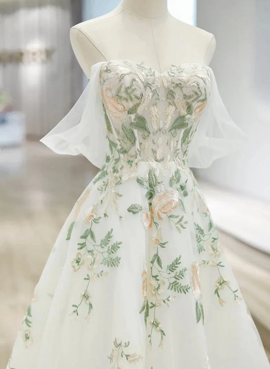 Elegant White Sweetheart Off Shoulder Tulle Wedding Party Dress, White Tulle Evening Dress TP1061