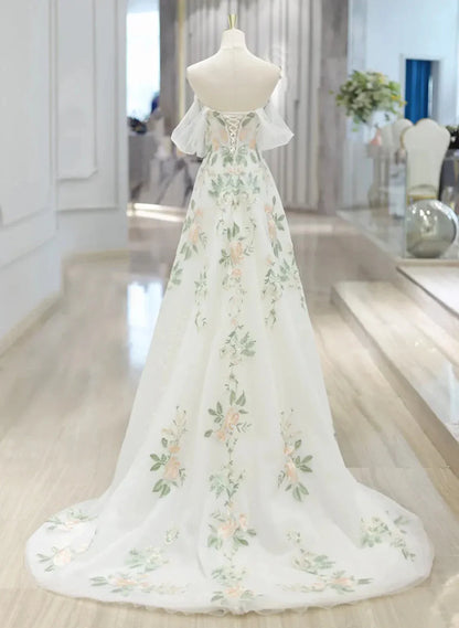 Elegant White Sweetheart Off Shoulder Tulle Wedding Party Dress, White Tulle Evening Dress TP1061