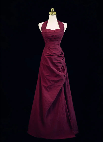 Wine Red A-Line Halter Vintage Style Prom Dress, Wine Red Long Evening Dress TP1074