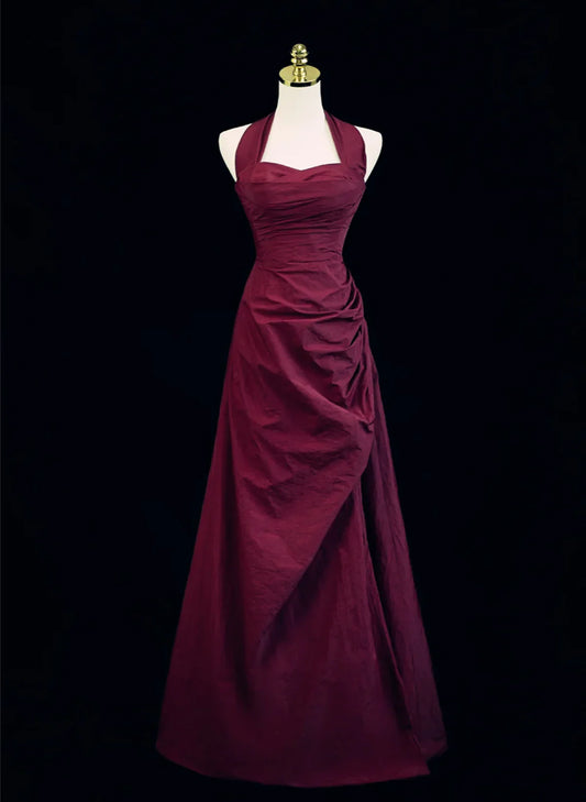 Wine Red A-Line Halter Vintage Style Prom Dress, Wine Red Long Evening Dress TP1074
