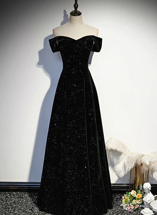 Simple Black Sweetheart Off Shoulder Long Velvet Prom Dress, Black Evening Dress TP1075
