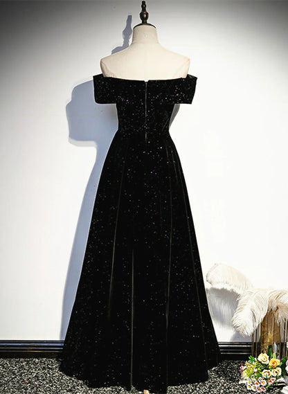 Simple Black Sweetheart Off Shoulder Long Velvet Prom Dress, Black Evening Dress TP1075
