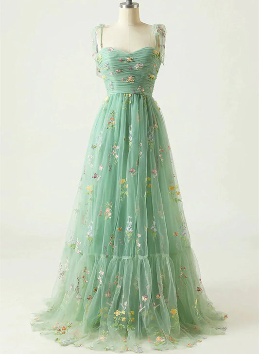 Pretty Green Floral Tulle Straps Long Party Dress, Green Long Prom Dress TP1079