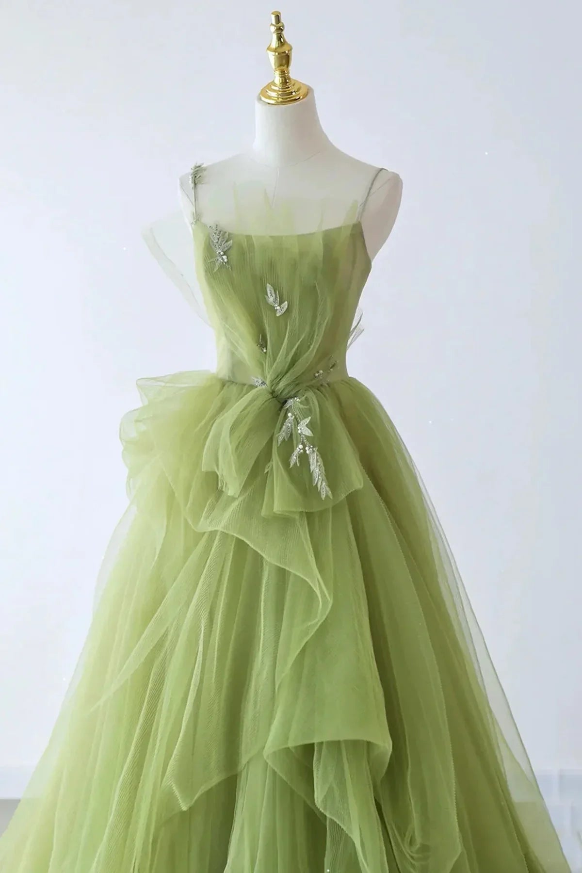 Elegant Green Tulle Straps Long Formal Dress, Green Tulle Evening Dress Party Dress TP1082