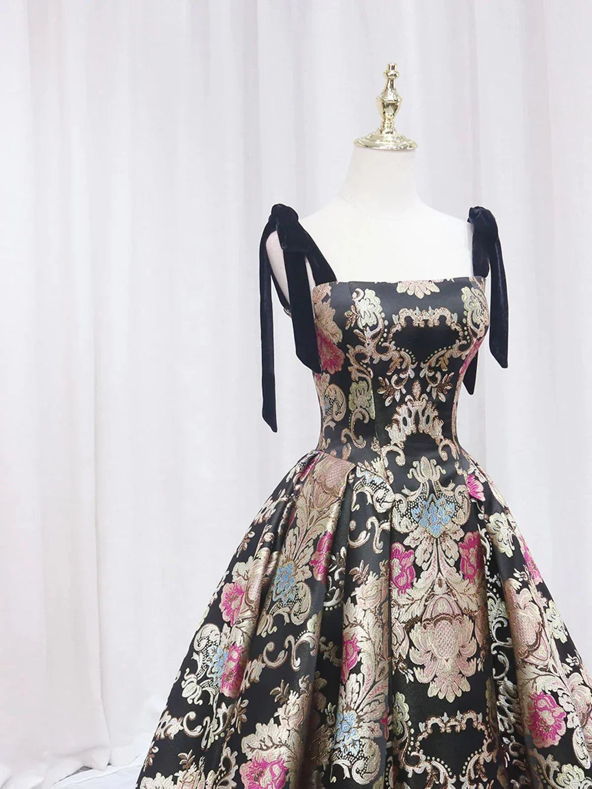Black Satin Straps A-line Floral Long Formal Dress, Black Evening Dress TP1083