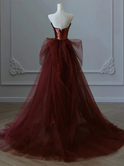 Glam Wine Red Sequins And Tulle Long Party Dress, Wine Red Evening Dress Prom Dress TP1091