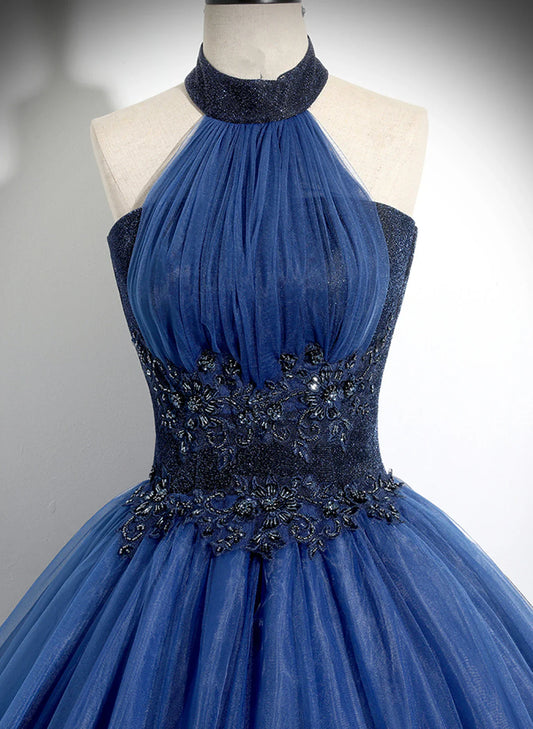Navy Blue High Neckline Tulle Long Formal Dress, Navy Blue Ball Gown Party Dress TP1095