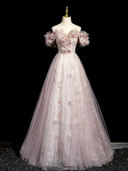 Dusty Pink Tulle Sequins Floor Length Prom Dress, Beautiful A-Line Evening Party Dress TP110