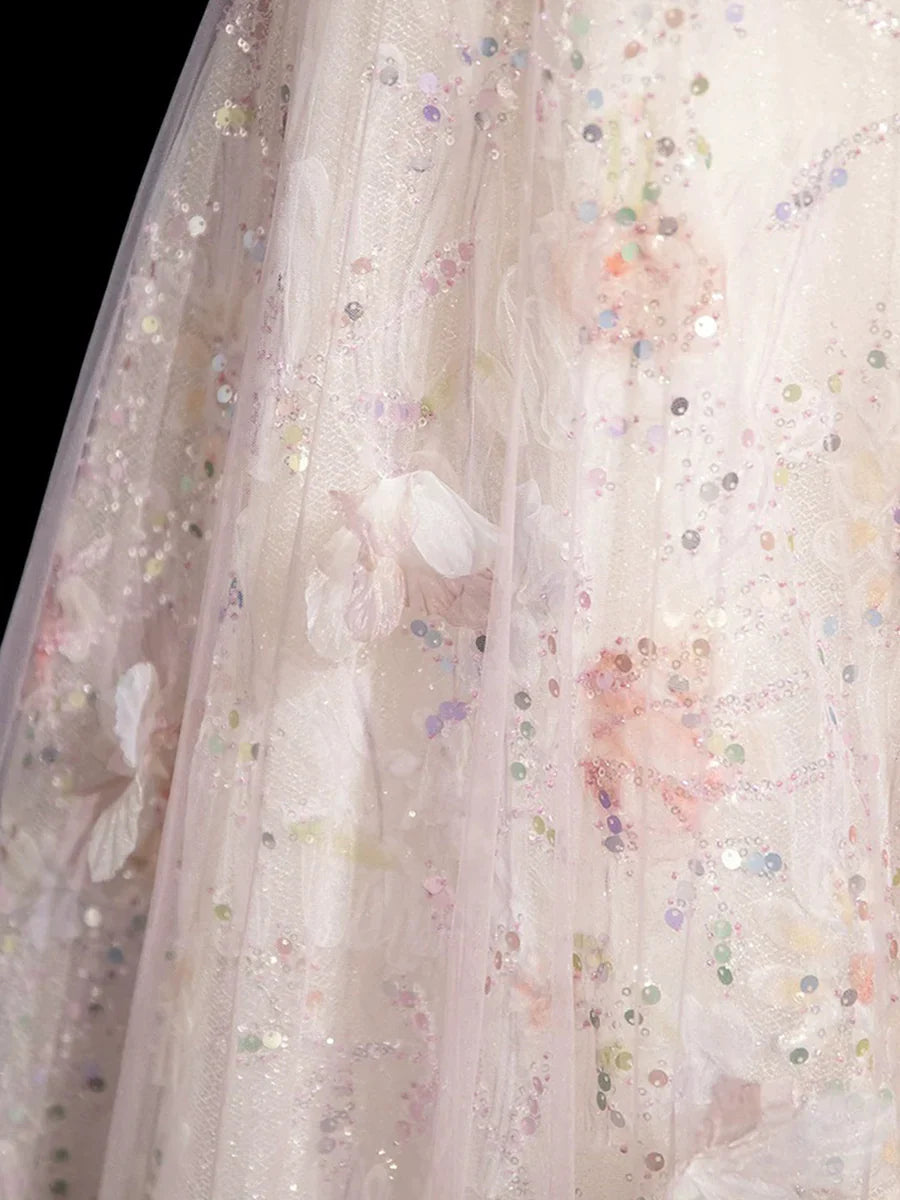 Dusty Pink Tulle Sequins Floor Length Prom Dress, Beautiful A-Line Evening Party Dress TP110