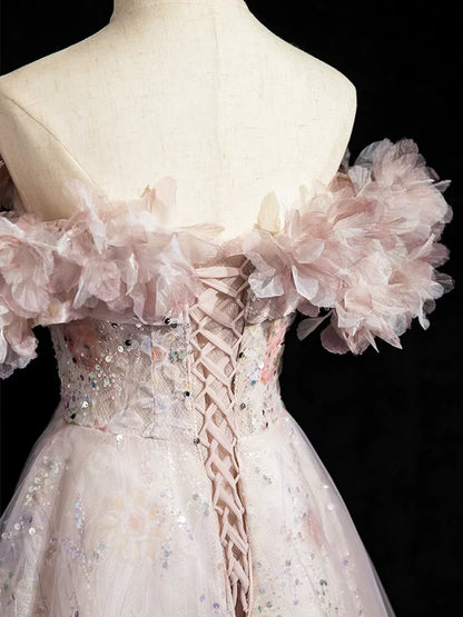 Dusty Pink Tulle Sequins Floor Length Prom Dress, Beautiful A-Line Evening Party Dress TP110