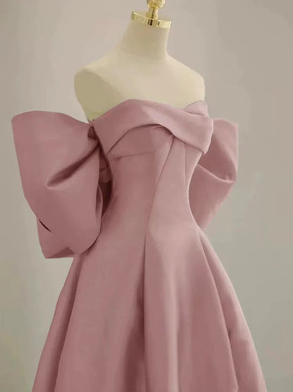 Pink Satin Floor Length Prom Dress, Off the Shoulder Evening Party Dress TP112