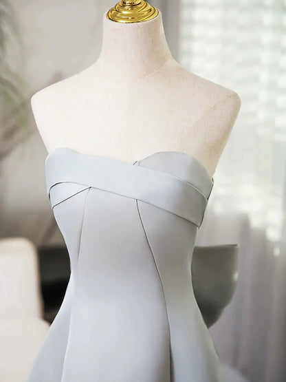 Gray Strapless Satin Long Prom Dress, Simple A-Line Evening Dress TP114