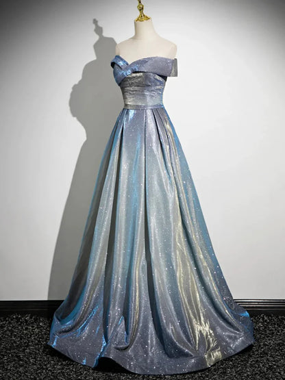 A-Line Gradient Blue Floor Length Prom Dress, Off the Shoulder Evening Party Dress TP115