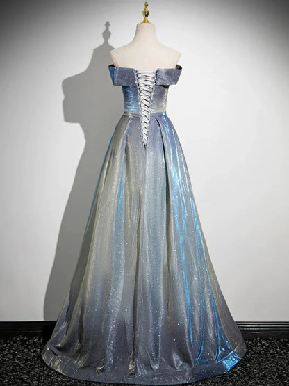 A-Line Gradient Blue Floor Length Prom Dress, Off the Shoulder Evening Party Dress TP115