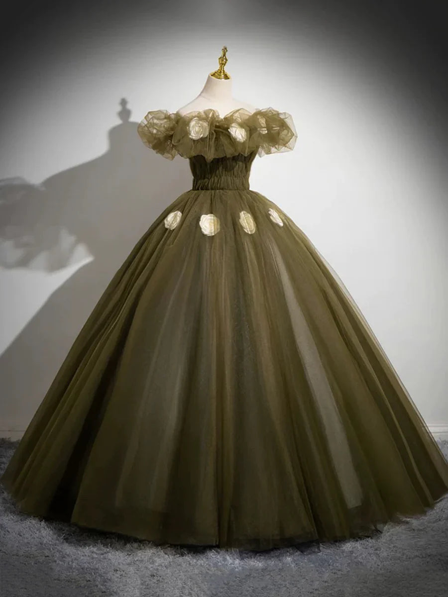 Elegant Off the Shoulder Floor Length Prom Dress, Green A-Line Tulle Formal Party Dress TP119