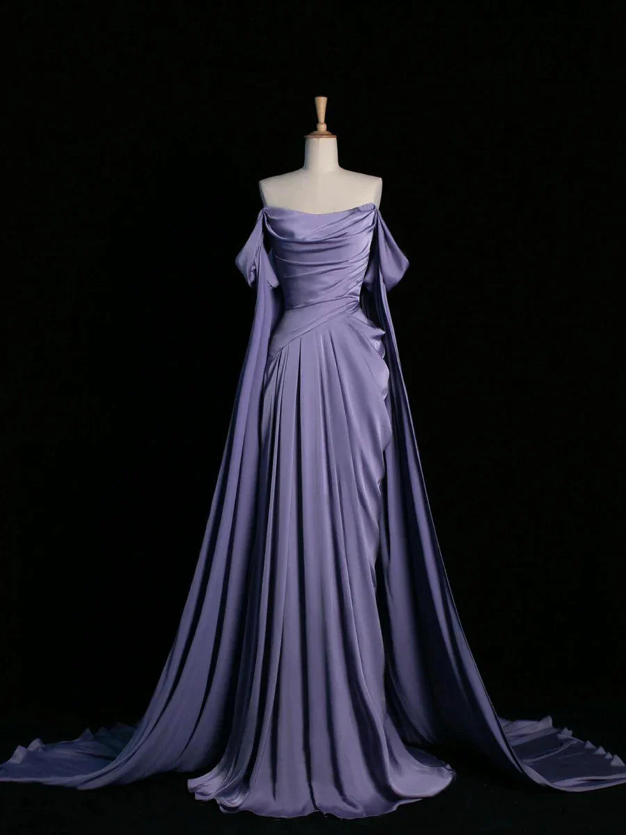 Elegant Satin Long Prom Dress, Purple Draped Bodice Formal Party Dress TP120