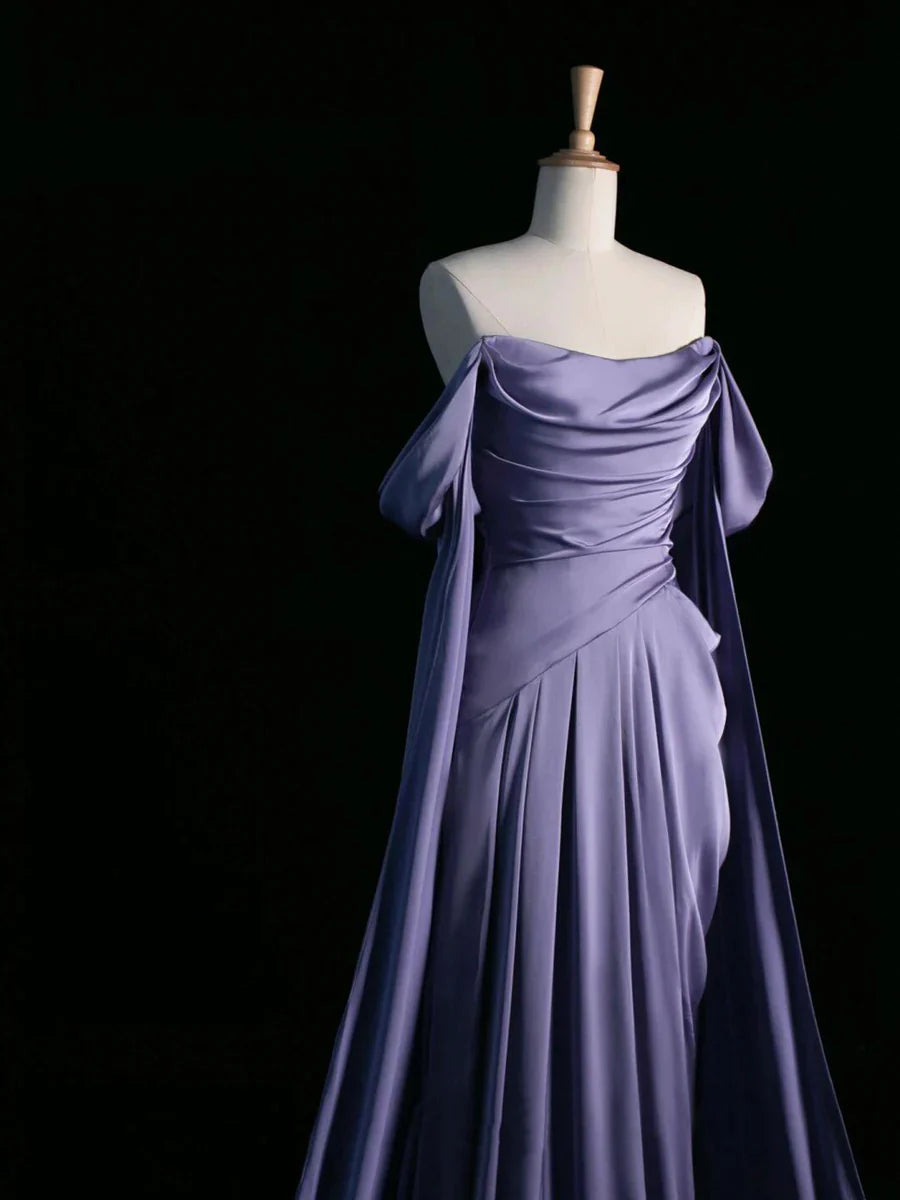 Elegant Satin Long Prom Dress, Purple Draped Bodice Formal Party Dress TP120