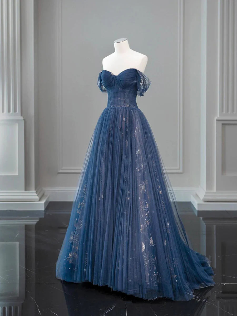 Previous Next   Nave Tulle Floor Length Prom Dress, Beautiful Off the Shoulder Backless Evening Dress TP125