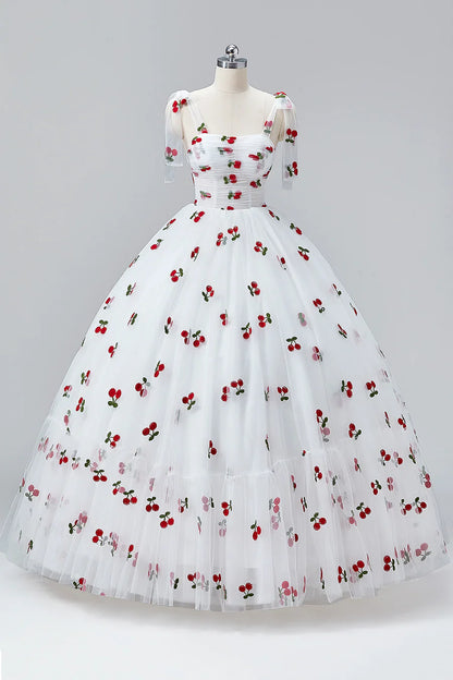 White Cherry Floor Length Prom Dresses, A-Line Ruffle Tulle Spaghetti Straps Princess Evening Dresses TP129