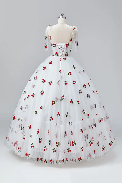 White Cherry Floor Length Prom Dresses, A-Line Ruffle Tulle Spaghetti Straps Princess Evening Dresses TP129